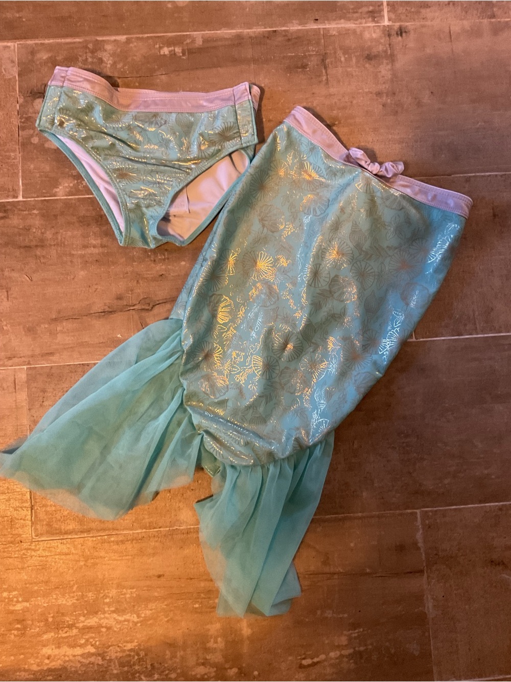 Disney Girls' Aqua and Light Pink Mermaid Bikini Bottoms with Tulle Tail